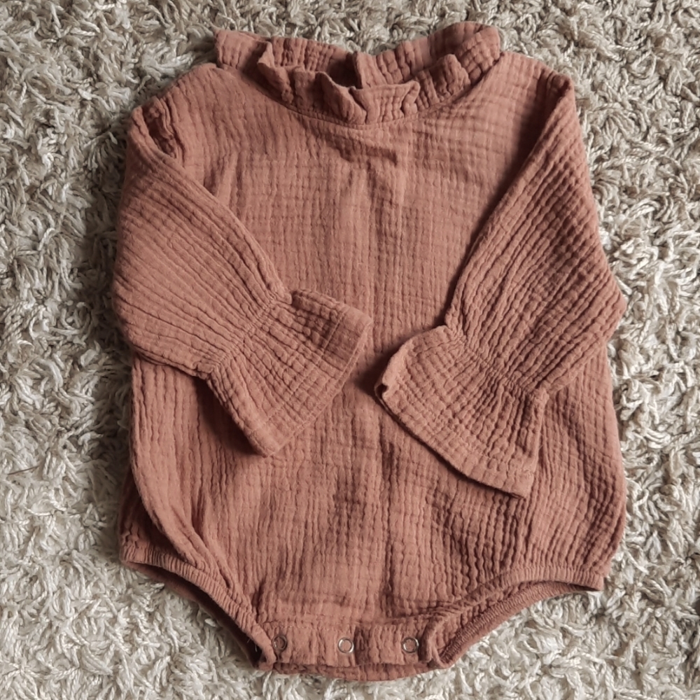 Earthe rust colored muslin one piece. 3-6months